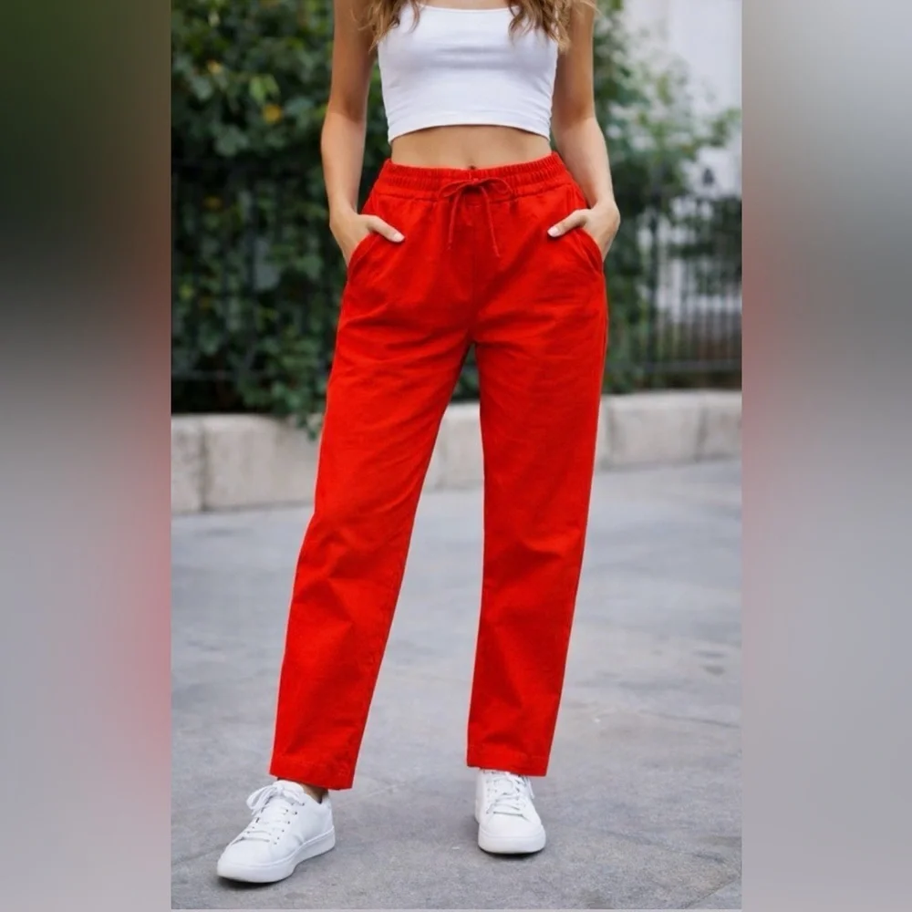 J.Crew Pants Orange Straight Leg Elastic Waist Drawstring Linen Size 6